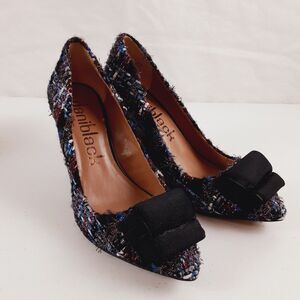 Daniblack Womens Size 6.5 Heeled Wedge Pumps Red/Blue/White/Black Bow Point Toe